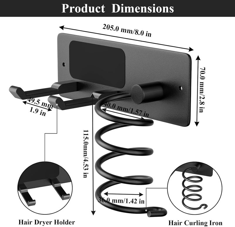Tindbea Hair Dryer Holder + Curling Iron Holder,Blow Dryer Holder Wall Mount, Bathroom Hair Tool Organizer Rack for Universal Dryer Matte Black - Image 3